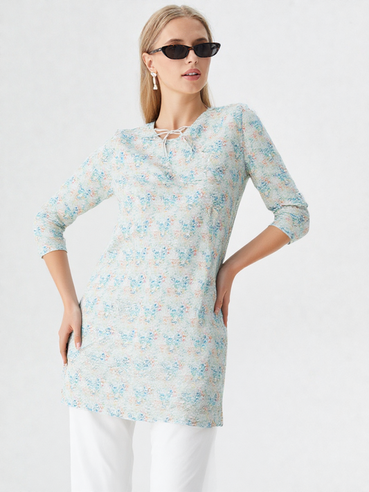 Pastel Floral Embroidered Straight Kurti – Light Aqua