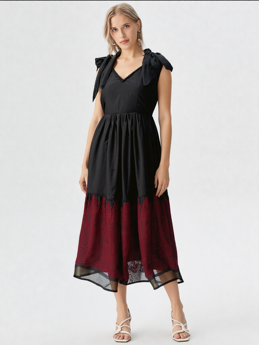 🖤 Black & Wine Dual-Tone Midi Dress with Shoulder Bows
