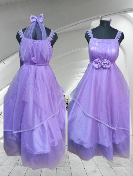 Lavender Layered Tulle Midi Dress with Floral Detail and Neck Scarf