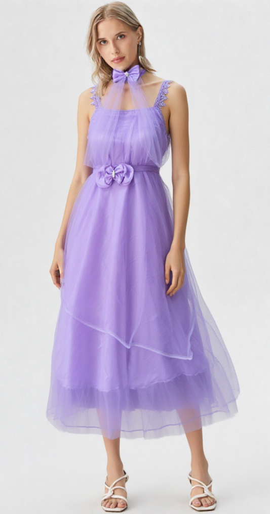 Lavender Layered Tulle Midi Dress with Floral Detail and Neck Scarf