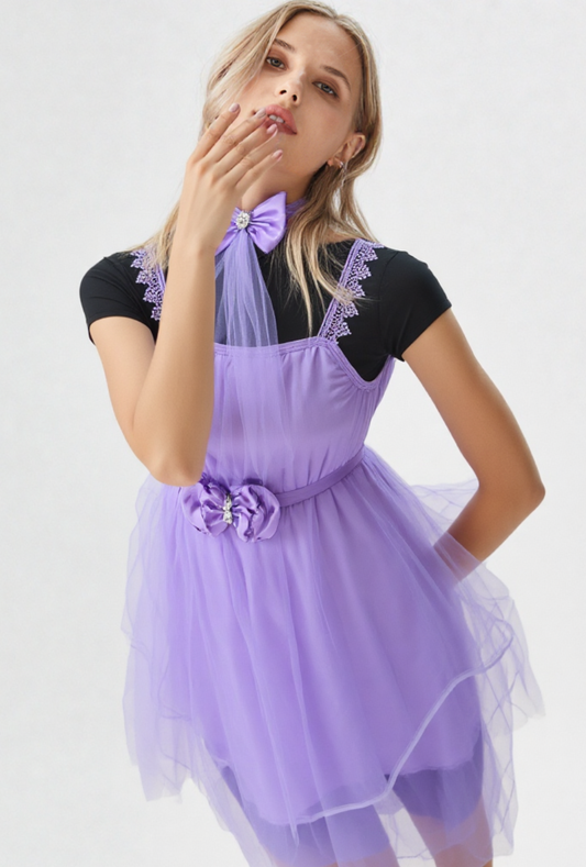Lavender Layered Tulle Midi Dress with Floral Detail and Neck Scarf