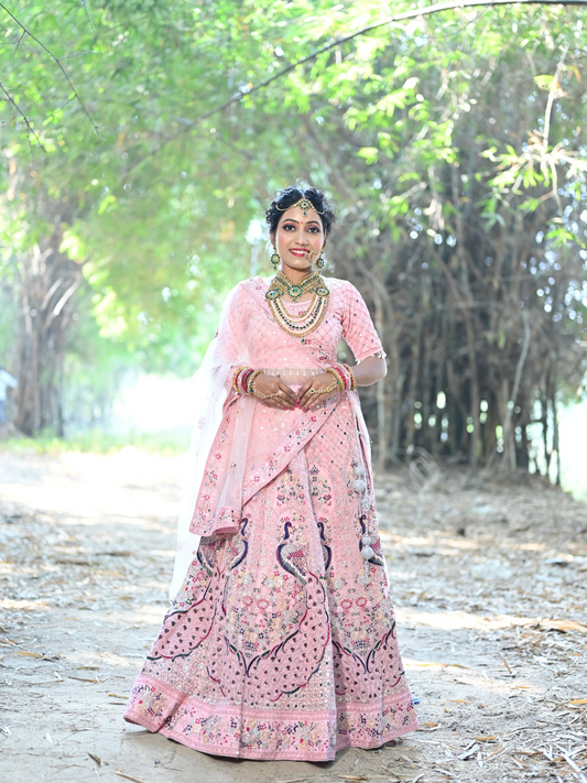 Pink Bridal Lehenga with Peacock Embroidery – | Mamta Fashion Studio ✨