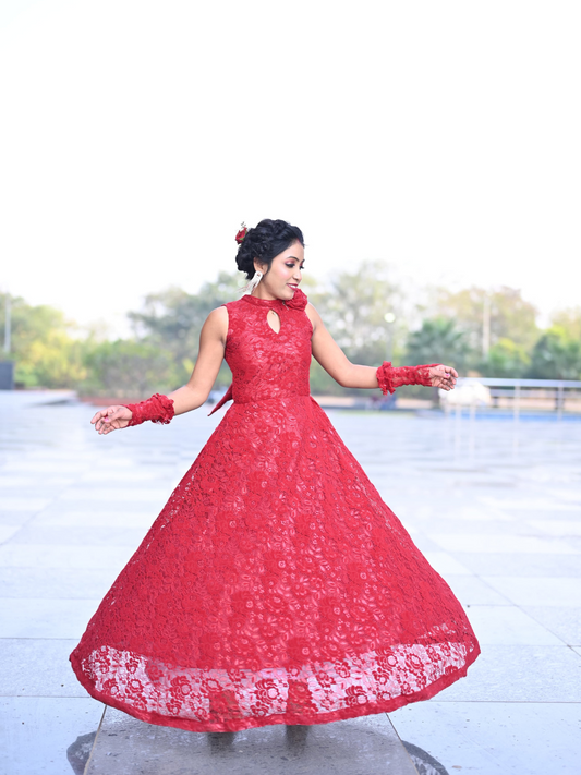 Red Lace Gown with Ruffle Sleeves –  Mamta Fashion Studio