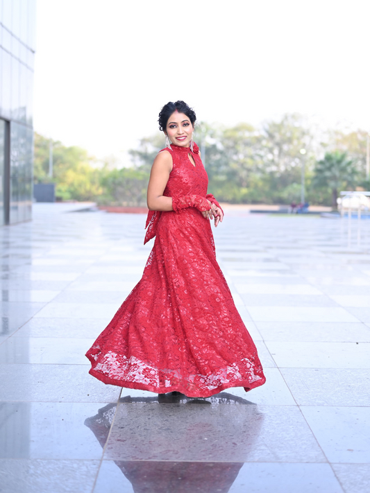 Red Lace Gown with Ruffle Sleeves –  Mamta Fashion Studio