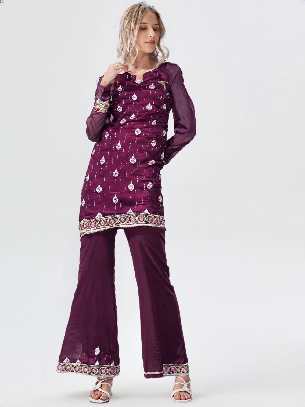 Rich Burgundy Embroidered Kurti with Flared Pants – Ethnic Glam Set