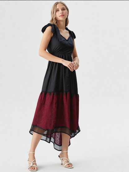 🖤 Black & Wine Dual-Tone Midi Dress with Shoulder Bows