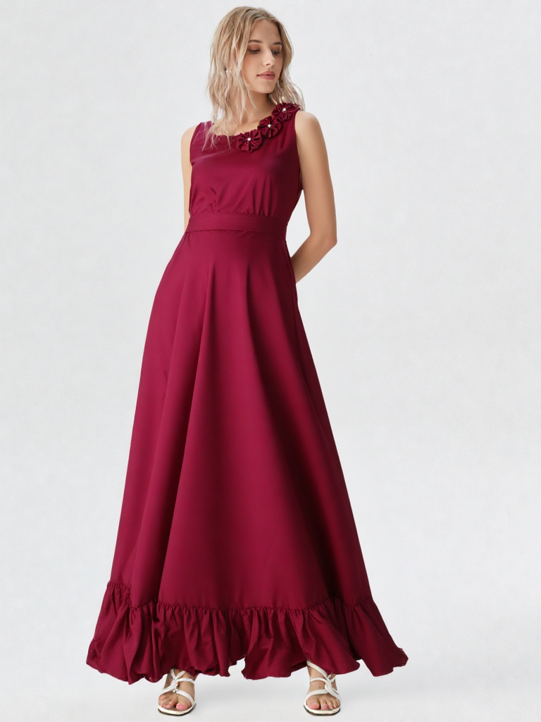 👗 Elegant Rich Burgundy Ruffle Gown with Floral Shoulder Detail