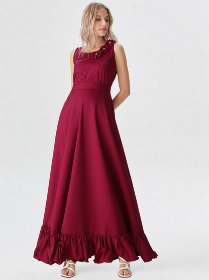 👗 Elegant Rich Burgundy Ruffle Gown with Floral Shoulder Detail