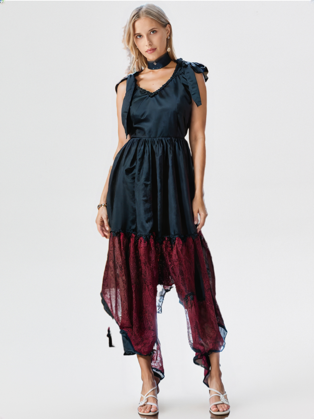 🖤 Black & Wine Dual-Tone Midi Dress with Shoulder Bows