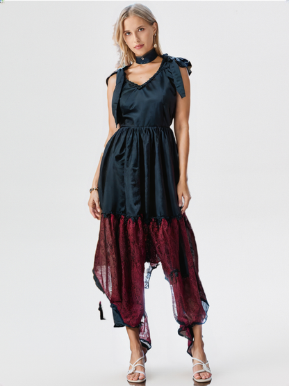 🖤 Black & Wine Dual-Tone Midi Dress with Shoulder Bows