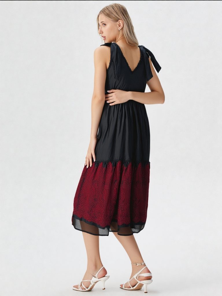 🖤 Black & Wine Dual-Tone Midi Dress with Shoulder Bows