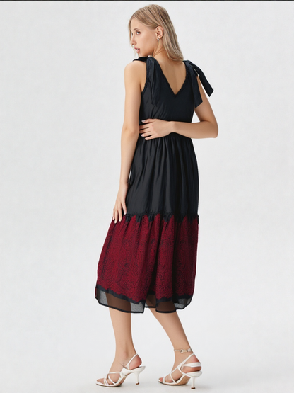 🖤 Black & Wine Dual-Tone Midi Dress with Shoulder Bows