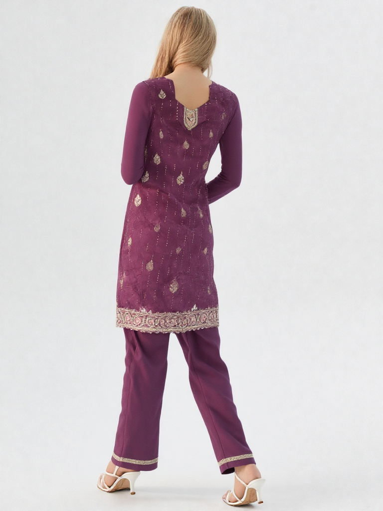 Rich Burgundy Embroidered Kurti with Flared Pants – Ethnic Glam Set