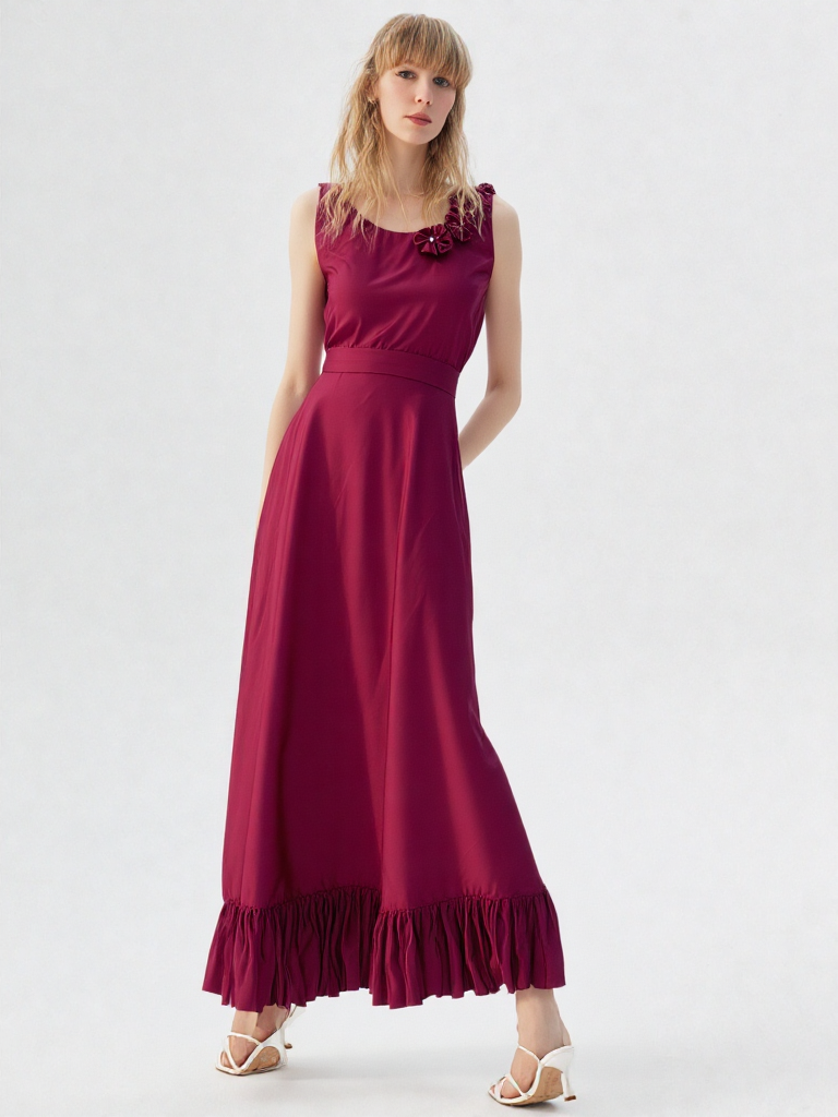 👗 Elegant Rich Burgundy Ruffle Gown with Floral Shoulder Detail