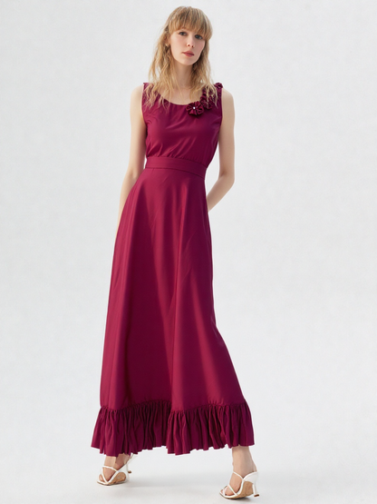 👗 Elegant Rich Burgundy Ruffle Gown with Floral Shoulder Detail