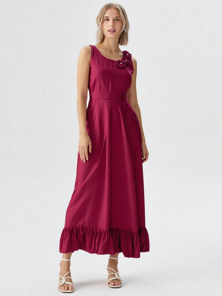 👗 Elegant Rich Burgundy Ruffle Gown with Floral Shoulder Detail