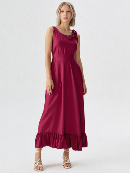 👗 Elegant Rich Burgundy Ruffle Gown with Floral Shoulder Detail