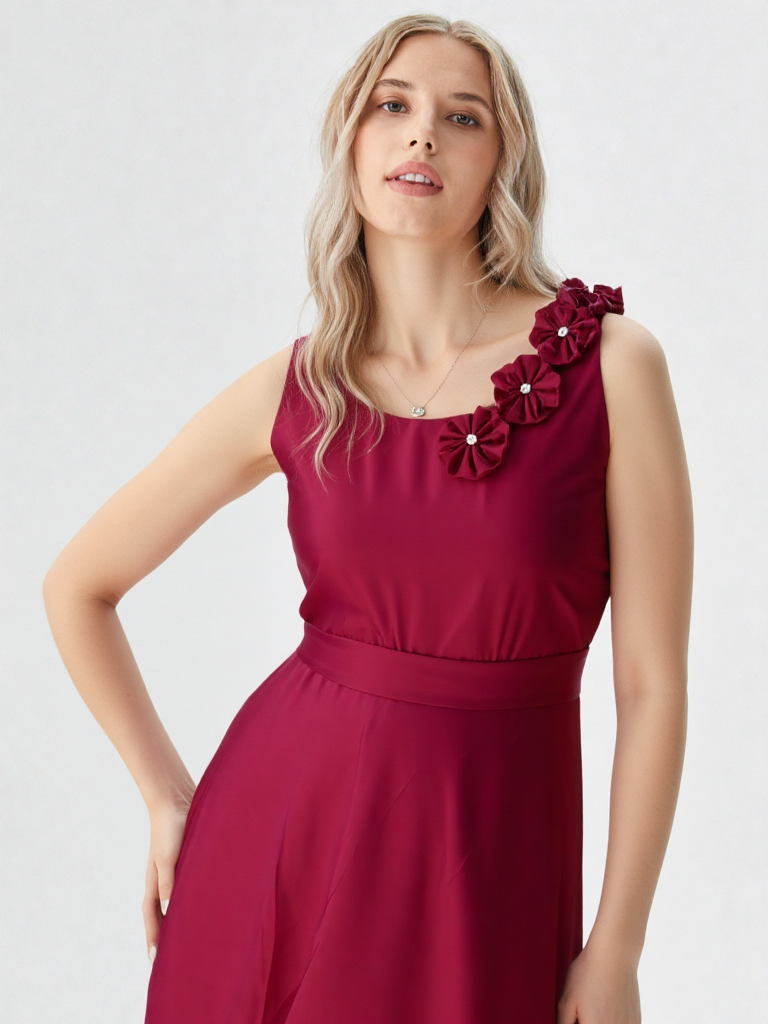 👗 Elegant Rich Burgundy Ruffle Gown with Floral Shoulder Detail