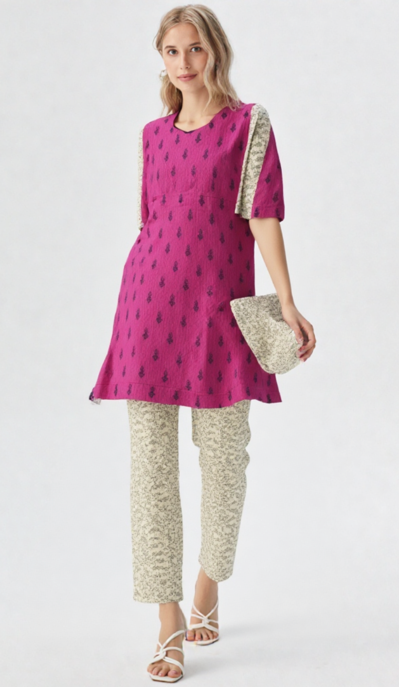 Fuchsia Printed Casual Kurti and Matching Pants Set