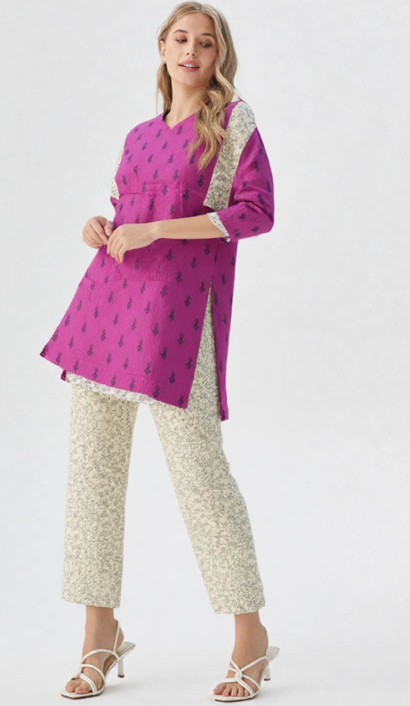 Fuchsia Printed Casual Kurti and Matching Pants Set