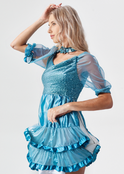 Blue Sequin Ruffled Mini Dress with Choker