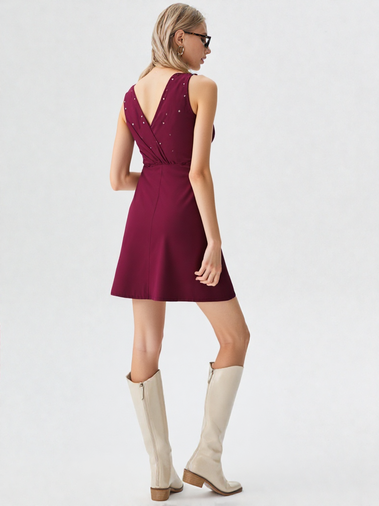 Burgundy Sleeveless Mini Dress with Rhinestone Detailing – Party & Cocktail Wear
