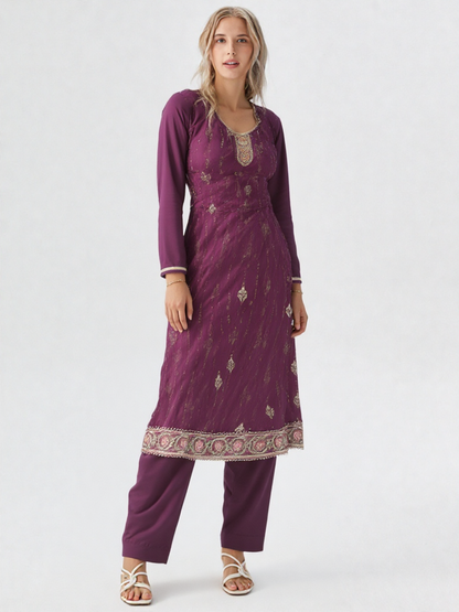 Rich Burgundy Embroidered Kurti with Flared Pants – Ethnic Glam Set